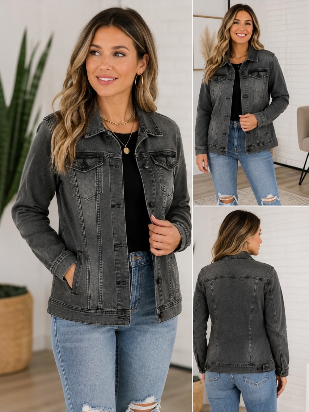 LuLaRoe Jaxon Denim Jacket Large Black Wash Stretch Button Front NWT